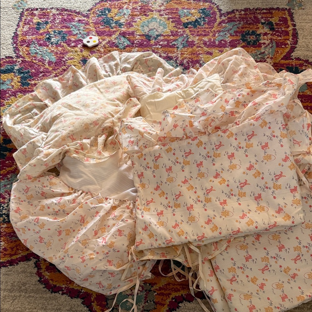 Vintage Floral Cream Ruffled Bedding Set - for baby Crib.